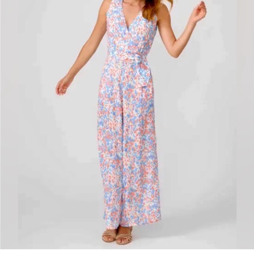 J.McLaughlin NWT Pier Pebble Hermione Jumpsuit Coral Aqua Wide Leg Sash Waist